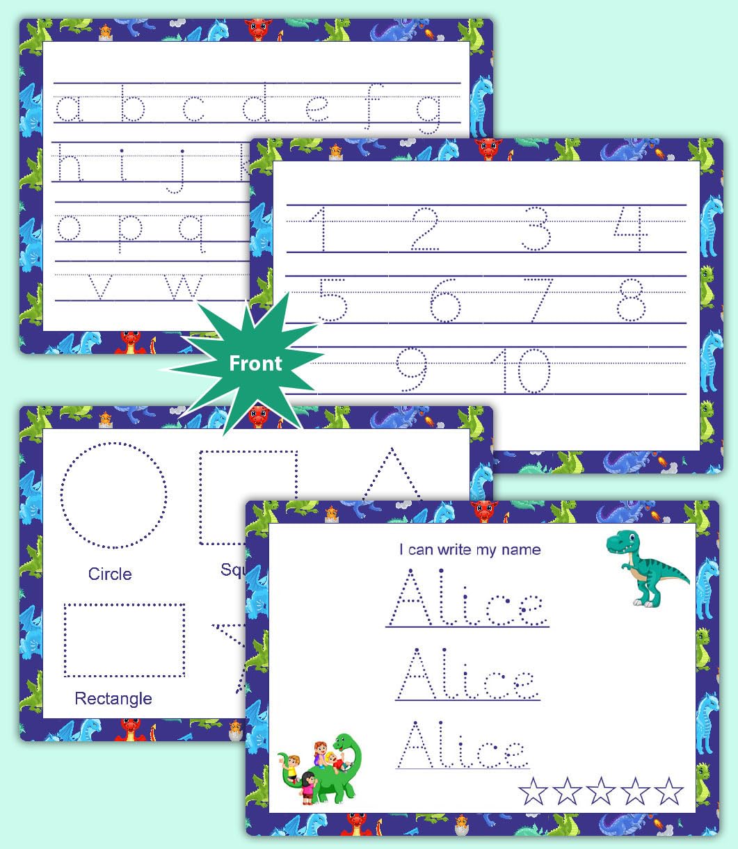 Kids Tracing Set with Pen A‑Z Alphabet, Numbers, Shapes & Custom Name 4 Workboard Mats for Handwriting Practice by ZStore