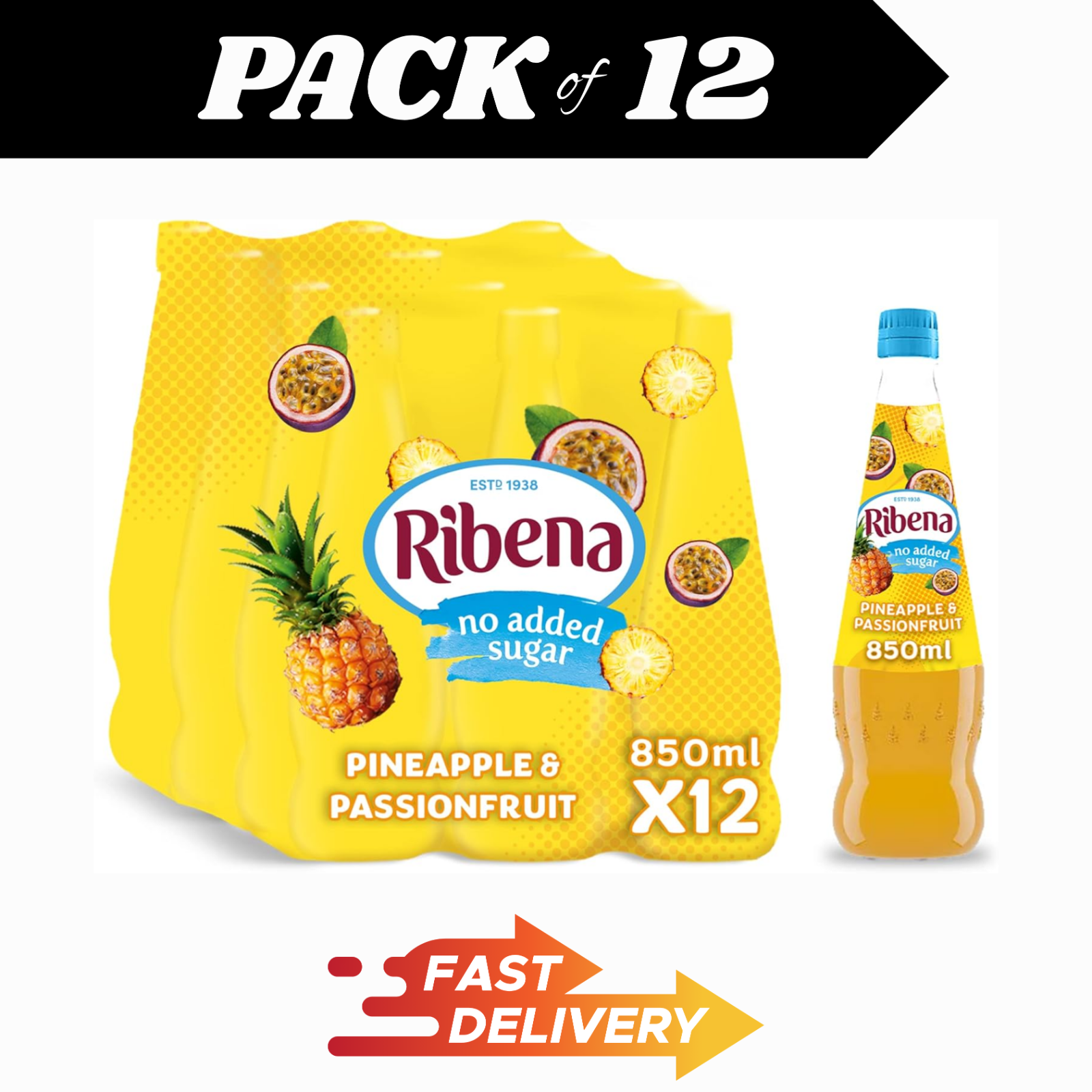 Ribena Pineapple & Passionfruit Squash 850ml x12 No Added Sugar Vitamin C Drink by Ribena