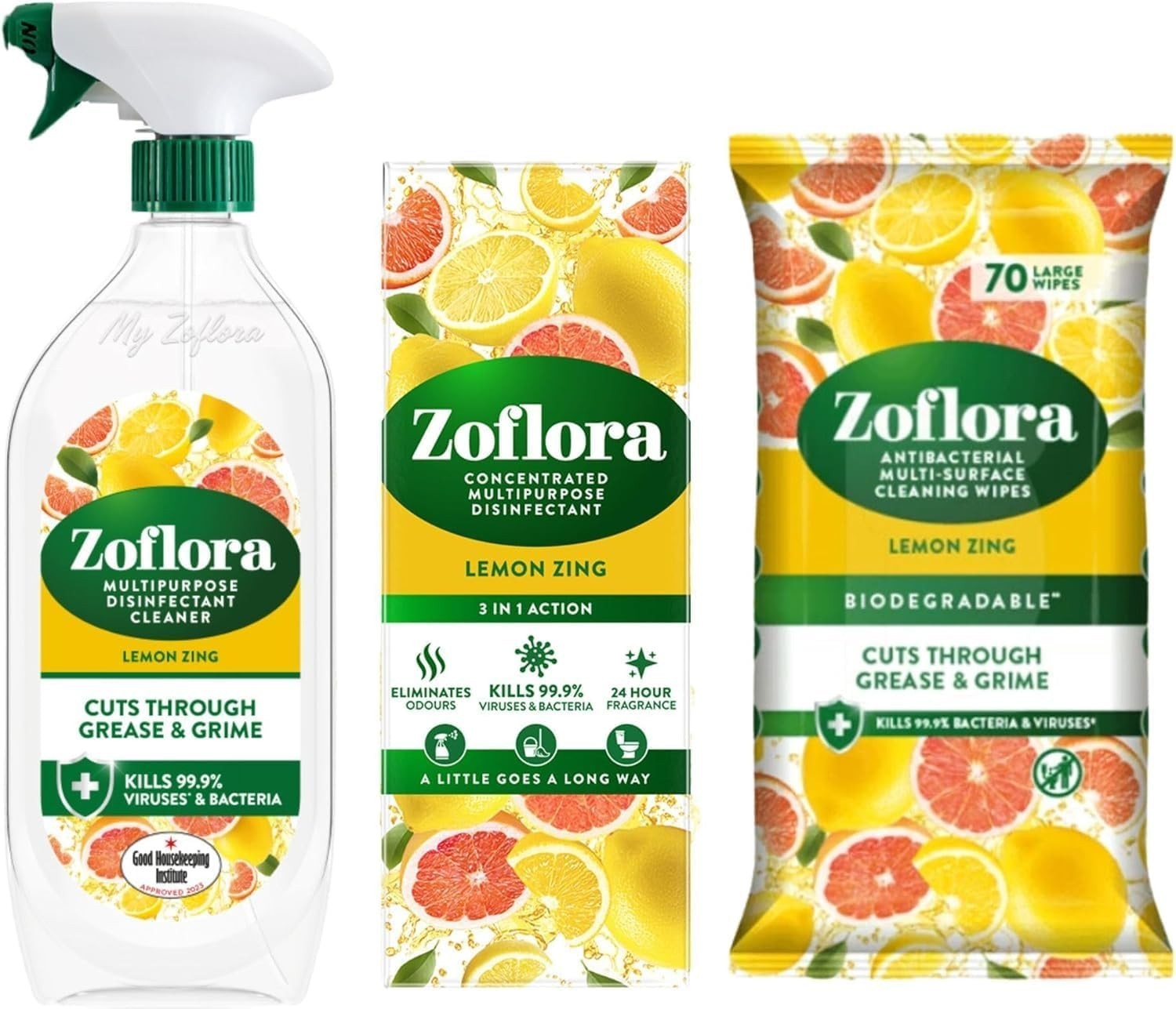 Zoflora Lemon Zing Bundle | 800ml Spray + Disinfectant Liquid & Wipes by Zoflora