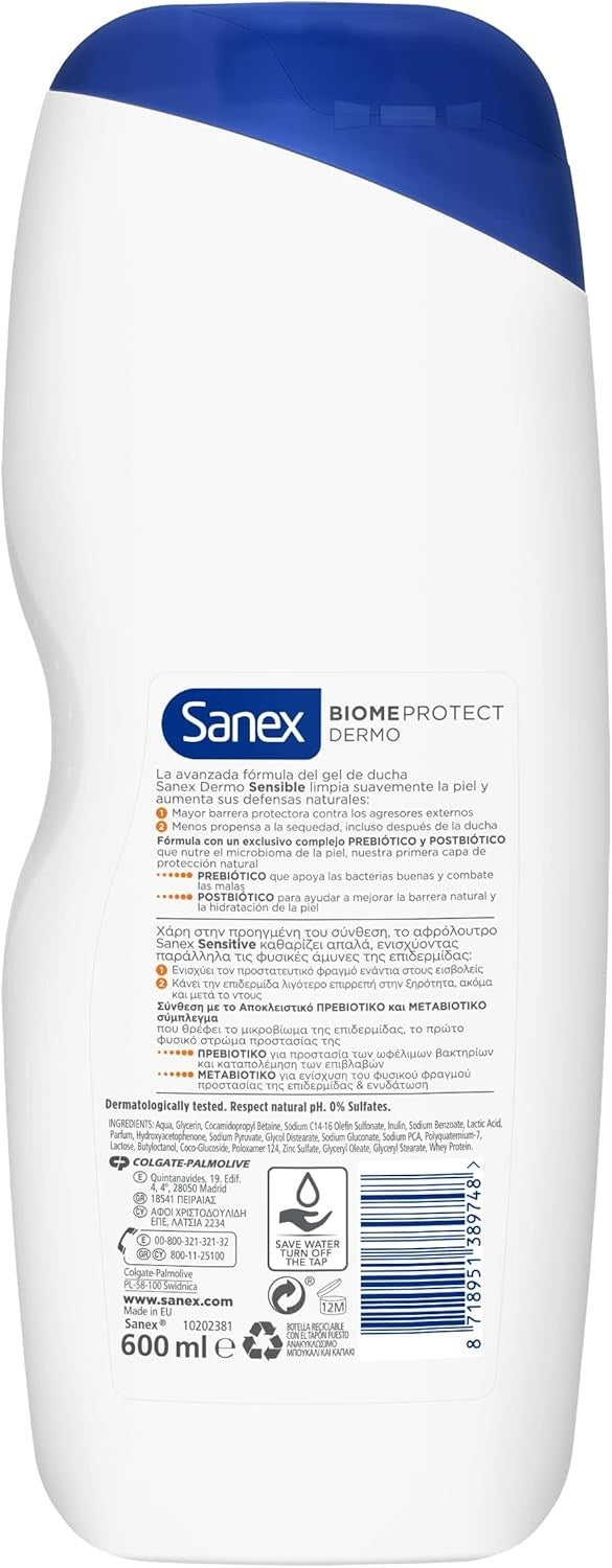 Sanex Dermo Sensitive Shower Gel 600ml | Nourishing, Sulphate-Free, Unscented by Sanex