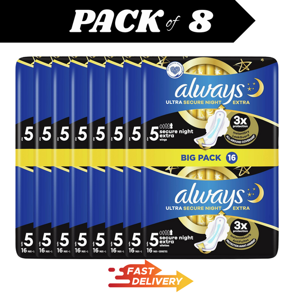 Always Ultra Size 5 Night Sanitary Pads 8X16 Wings Flow