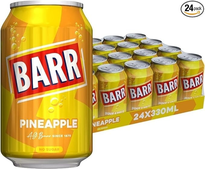 BARR Fizzy Drink Cans No Sugar 24x330ml UK Pack (24x, Pineapple No Sugar) by BARR