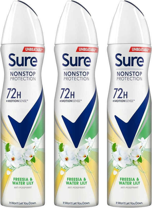 Sure Freesia & Water Lily Body Spray 250ml x3 | 72H Sweat & Odour Protection