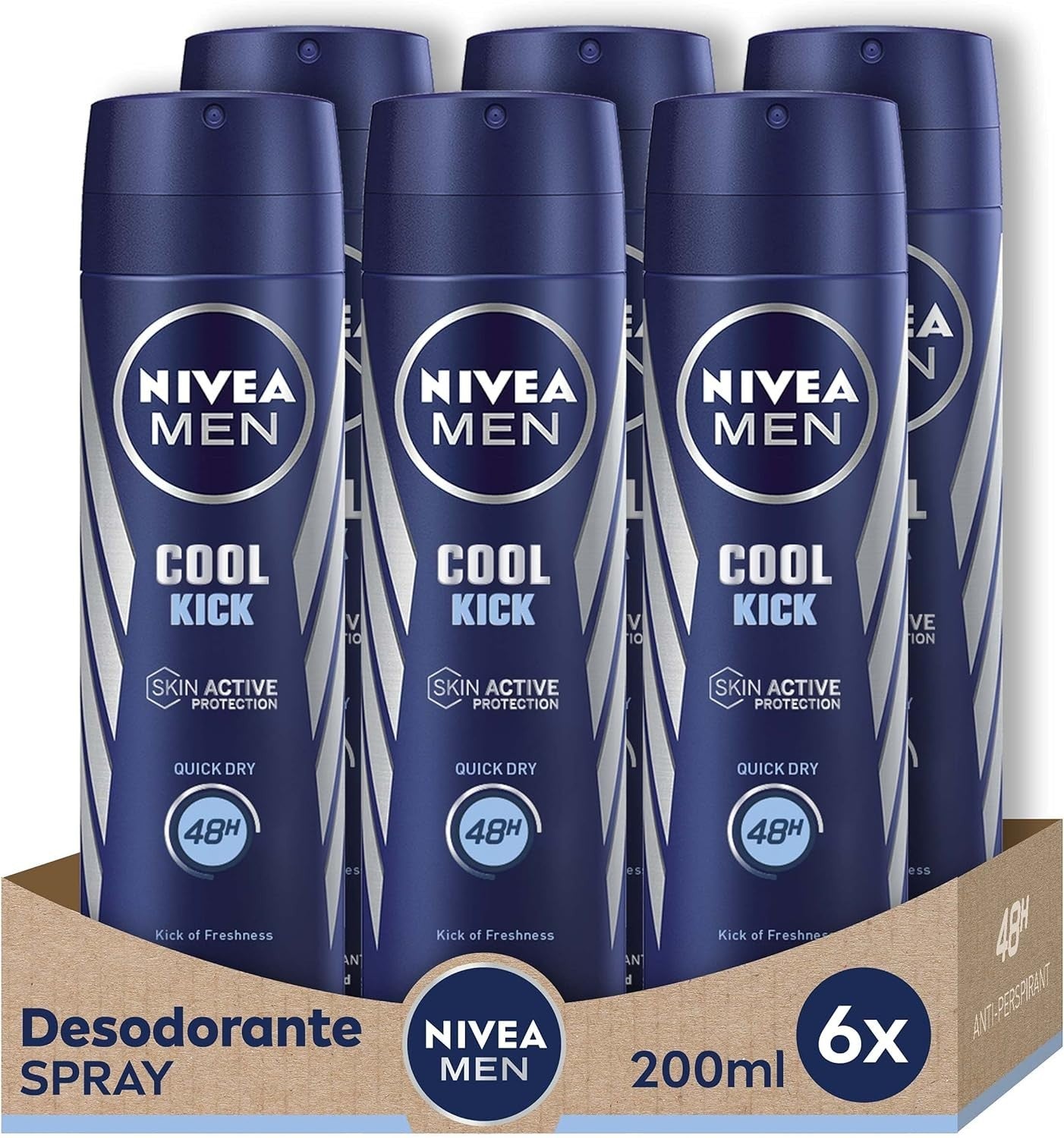 NIVEA MEN Cool Kick Deodorant Spray 200ml x6 – Antiperspirant, Fresh & Cool Care by Nivea Men