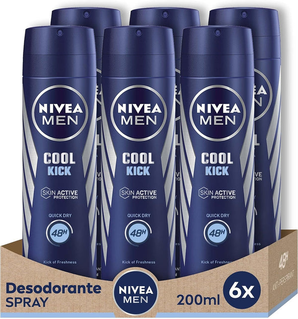 NIVEA MEN Cool Kick Deodorant Spray 200ml x6 – Antiperspirant, Fresh & Cool Care