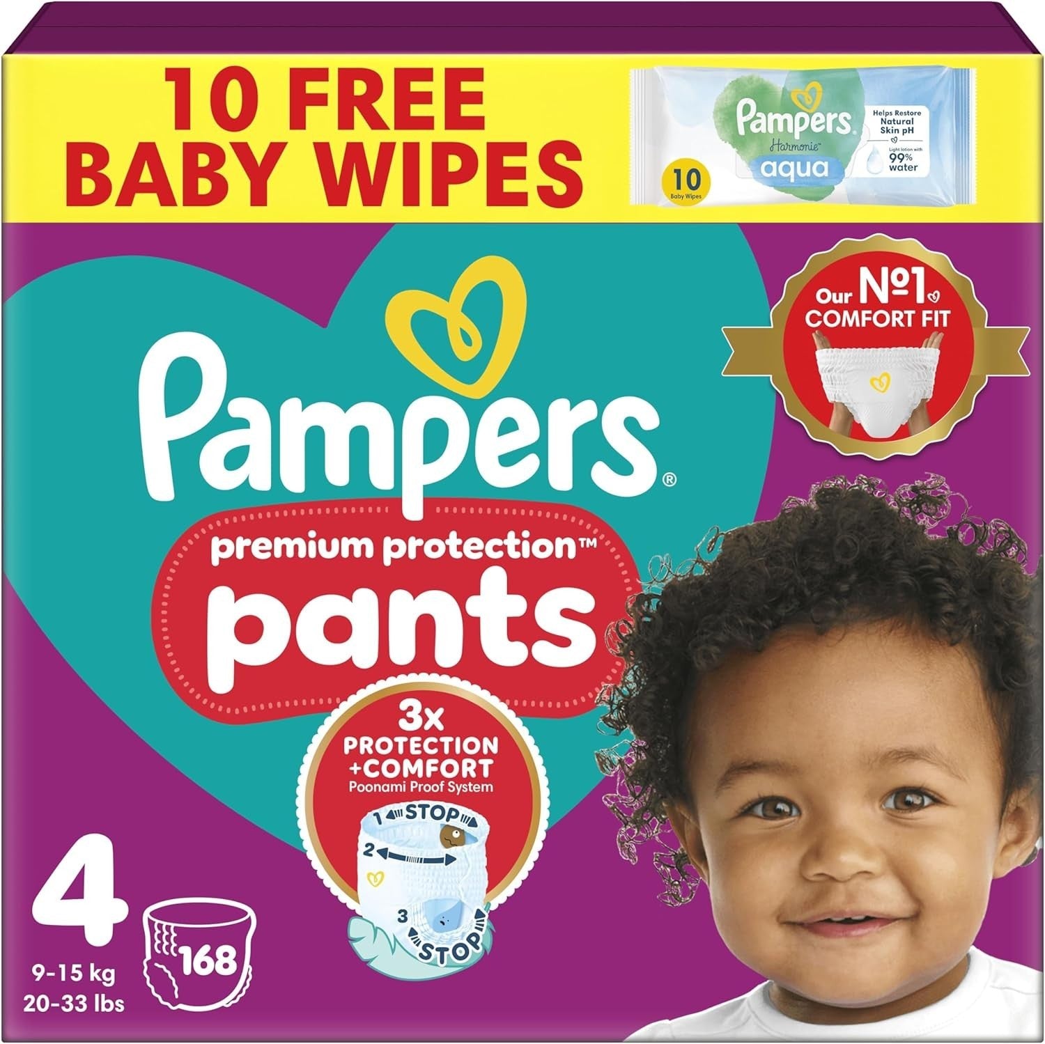 Pampers Premium Protection Pants Size 4 168 Nappies + Aqua Baby Wipes Pack by Pampers