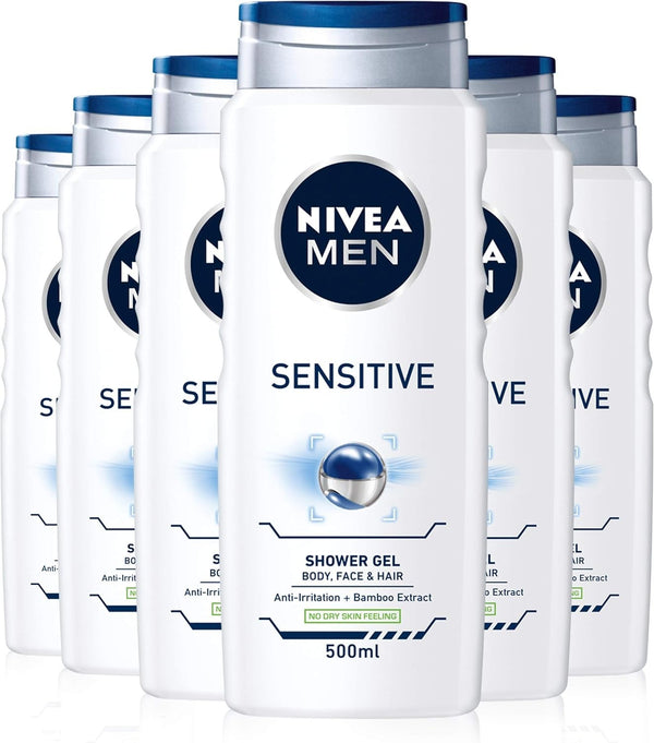 NIVEA MEN Sensitive Shower Gel 6 x 500ml | Alcohol-Free | For Sensitive Skin