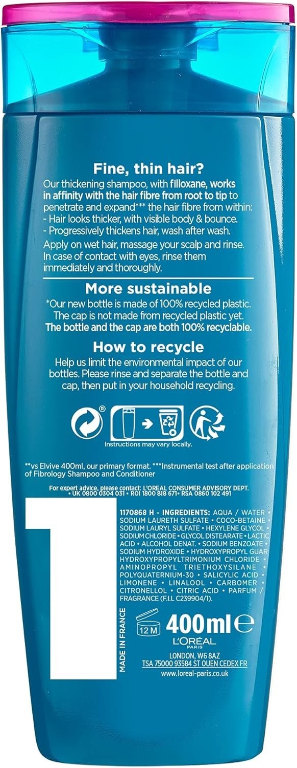 L’Oreal Elvive Fibrology Shampoo 400ml x6 | Thickening for Thin Hair, Deep Clean by L'Oreal Paris