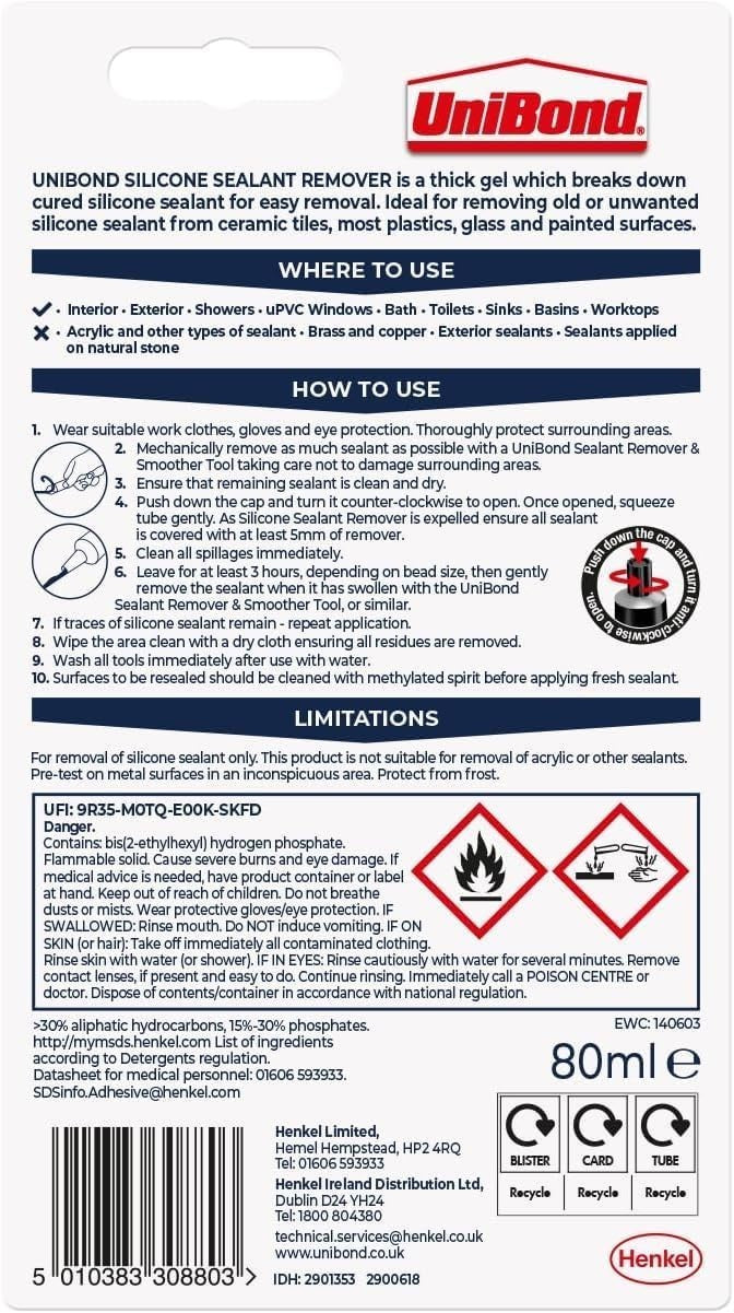 Unibond Silicone Sealant Remover 80ml | High-Strength for Tiles, Baths & Toilets by UniBond