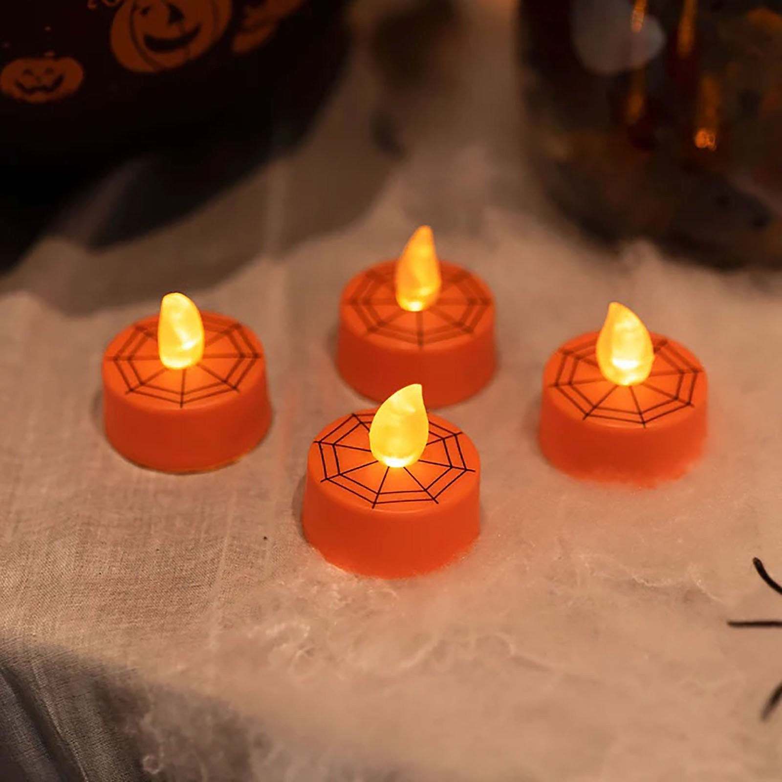 Halloween Flickering LED Tealight Candles 4 Pack with Batteries Orange by Unbranded