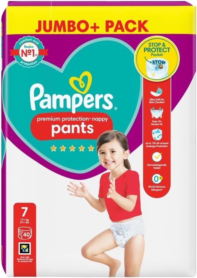 Pampers Premium Nappy Pants Size 7 40 Pack | 15kg+ Baby Diapers 360° Fit by Pampers