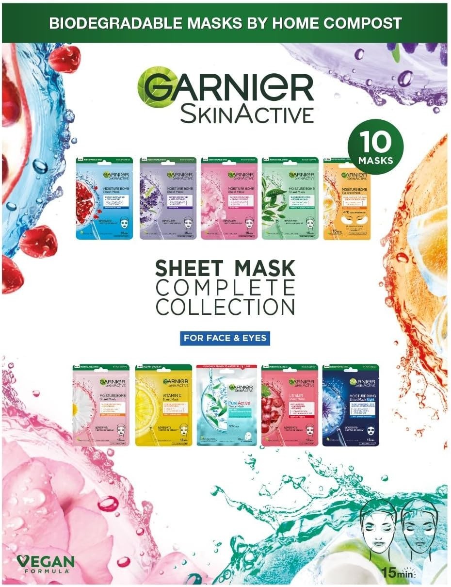 Garnier Sheet Mask Collection Set Face & Eye Masks Hyaluronic Acid Vegan 10pcs by Garnier