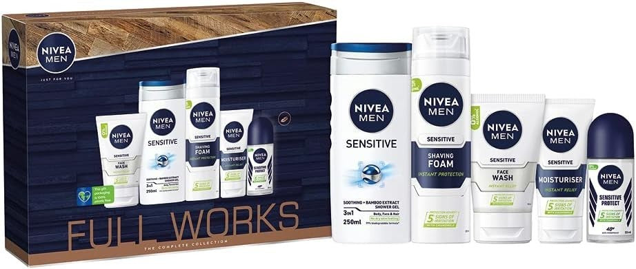 NIVEA Men Full Works Gift Set 5 Piece | Sensitive Skin Care & Grooming Kit by Nivea Men