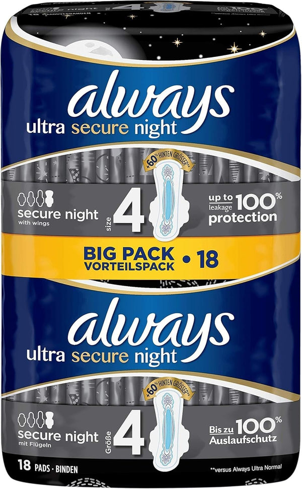 Always Ultra Secure Night Pads Size 4 With Wings 18 Pack