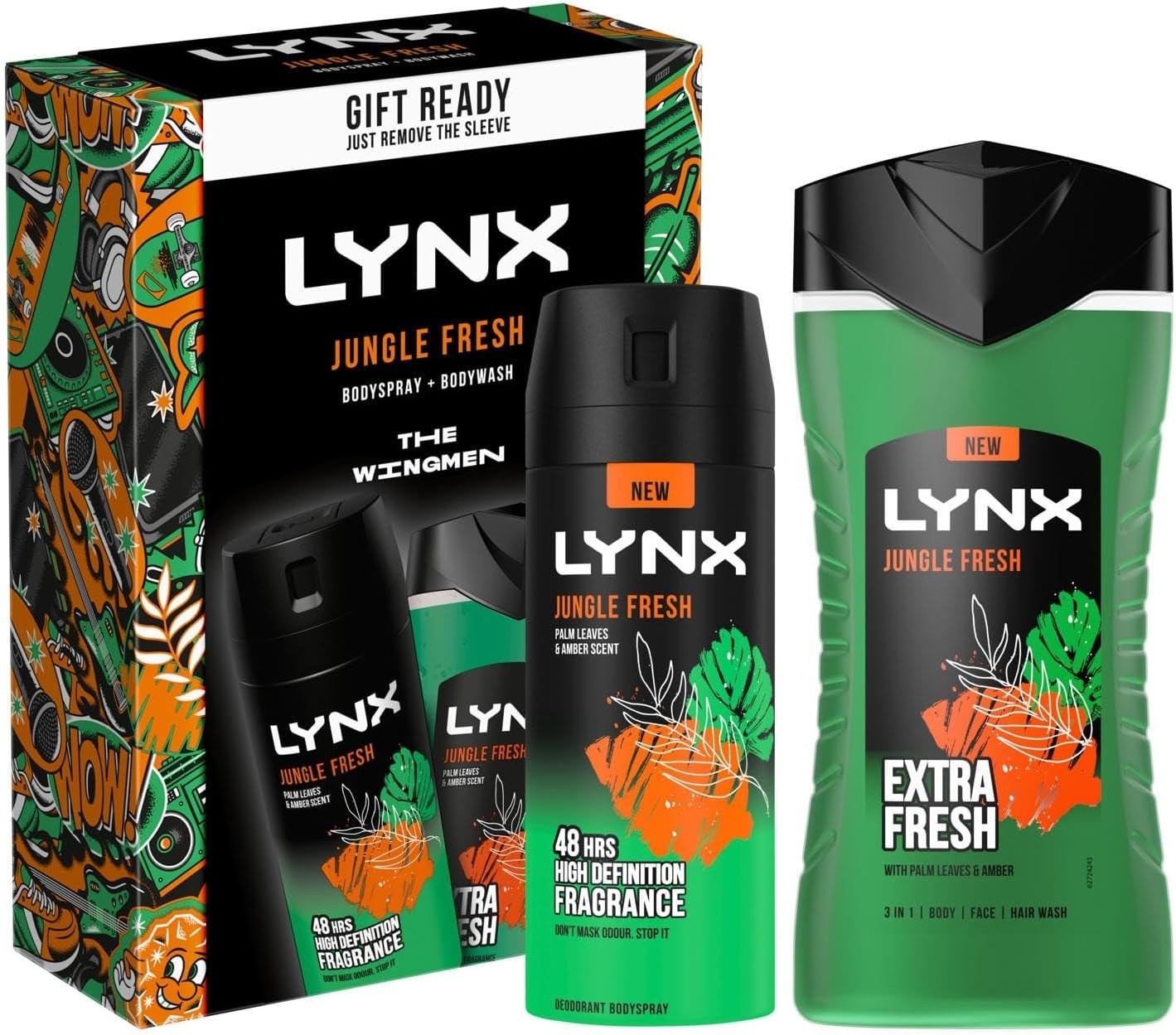 Lynx The Wingmen Jungle Fresh 2pc Gift Set 4pk Body Spray & 3-in-1 Wash for Him by Lynx