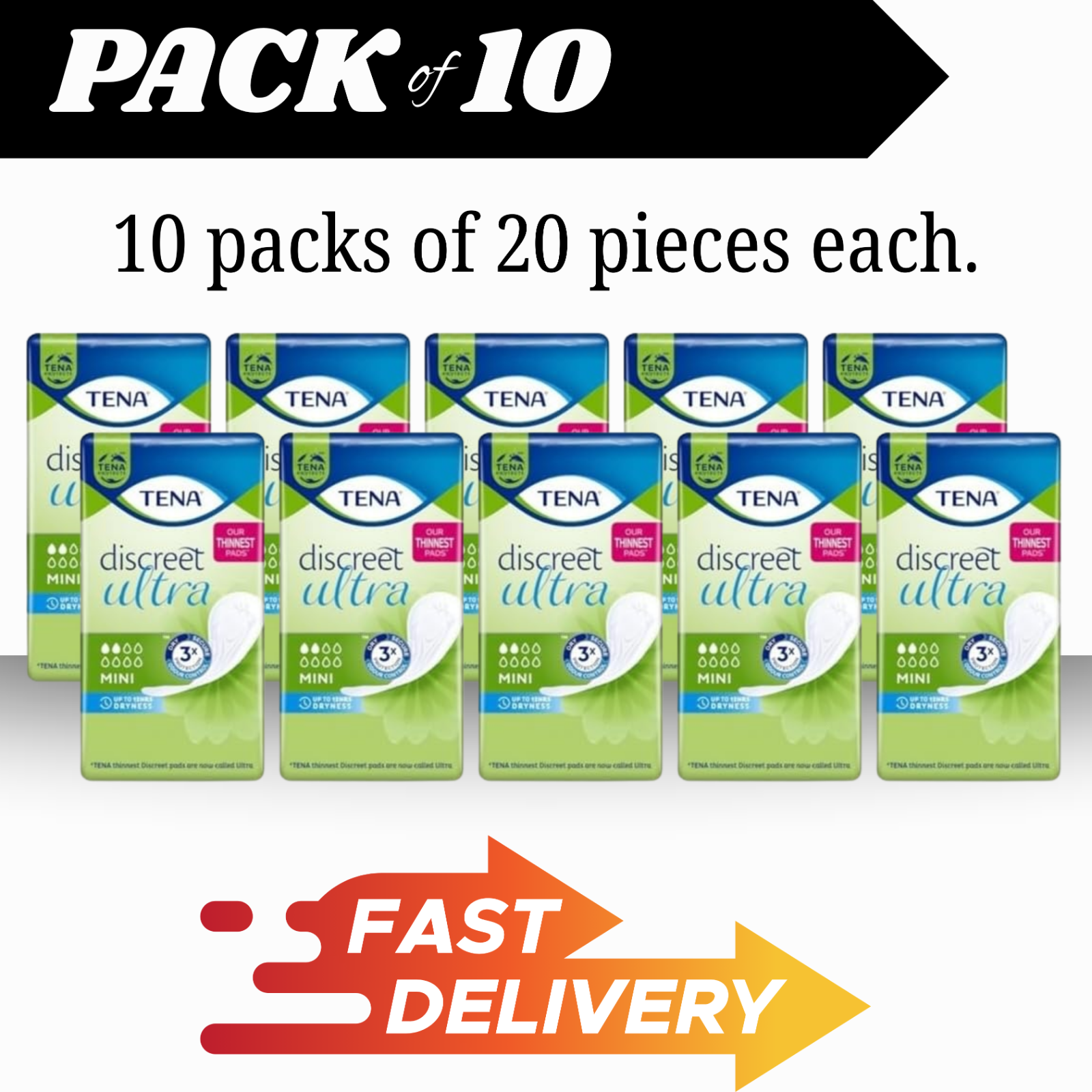 TENA Lady Discreet Mini Pads Case 10 Packs x20 | Light Incontinence Protection by Tena