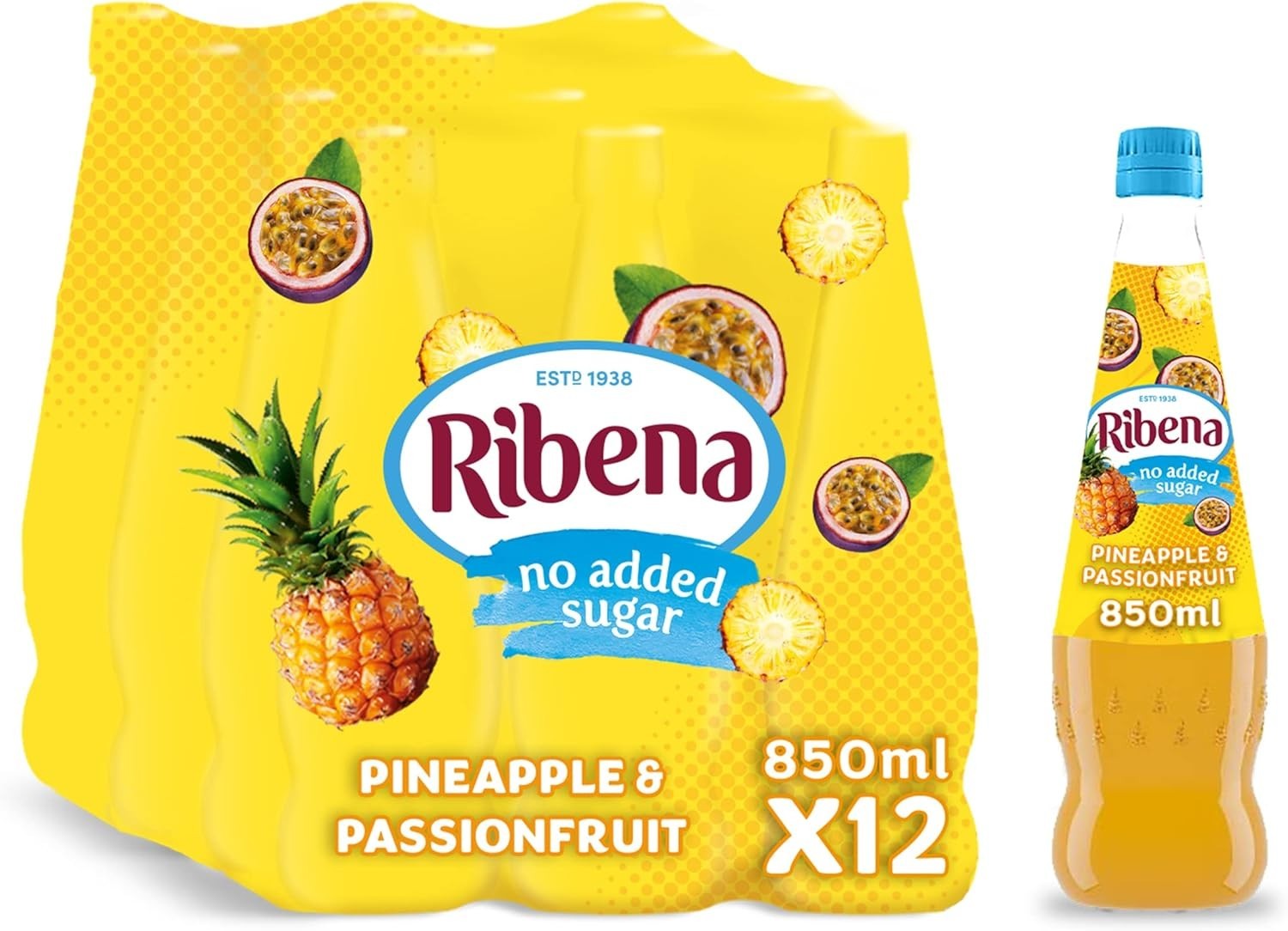 Ribena Pineapple & Passionfruit Squash 850ml x12 No Added Sugar Vitamin C Drink by Ribena