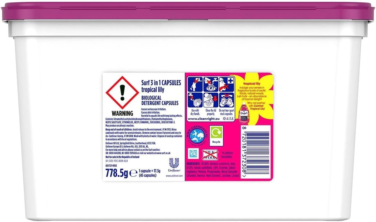 Surf 3-in-1 Tropical Lily Laundry Capsules | 135 Washes XL Pack Detergent by Surf