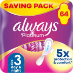 Always Platinum Night Pads Size 3 with Wings | 64 Count (16 x 4 Packs) Unscented by Always