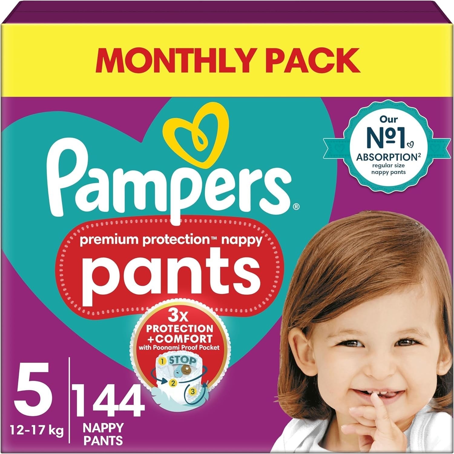Pampers Premium Protection Nappy Pants Size 5 144 Pack 12-17kg Monthly Box by Pampers