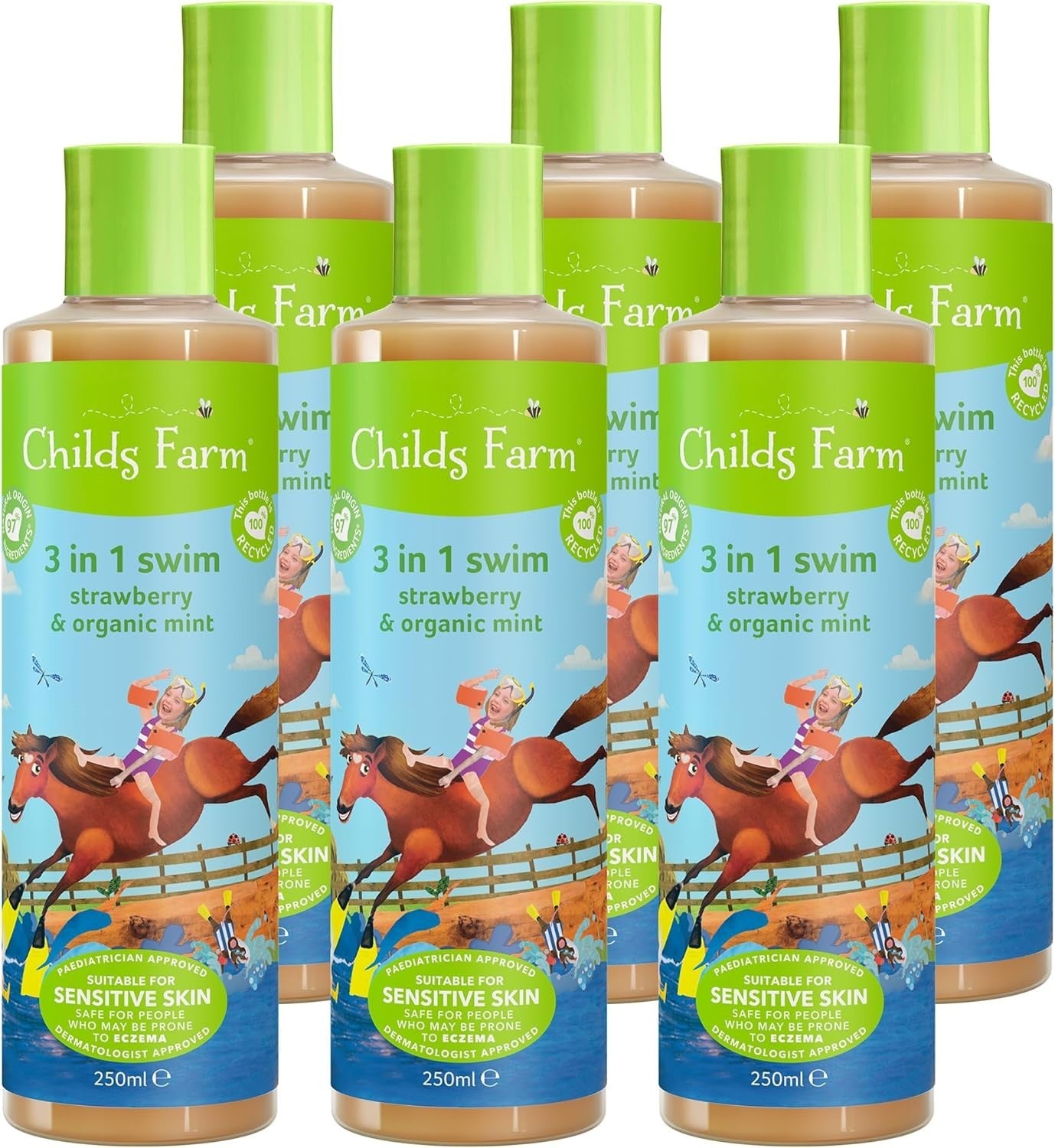 Childs Farm Kids 3-in-1 Swim 250ml x6 | Strawberry & Mint Wash, Shampoo & Cond by Childs Farm
