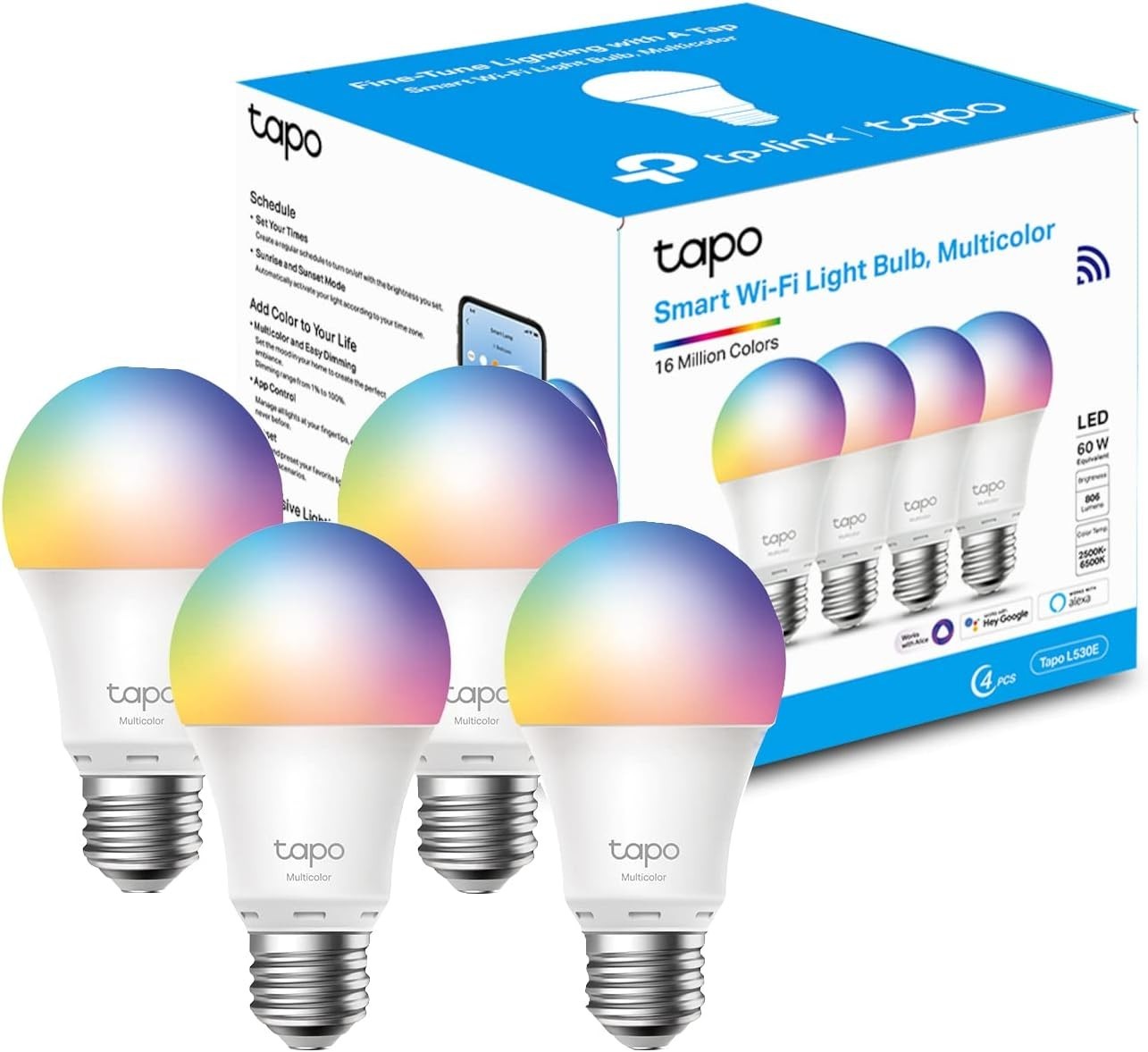 Tapo Smart Wi-Fi LED Bulb E27 8.7W L530E Colour Changing 4Pack Alexa Google Home by Tapo
