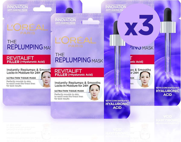 L'Oreal Paris Revitalift Filler Hyaluronic Acid Face Mask 3 Pack - Hydrating