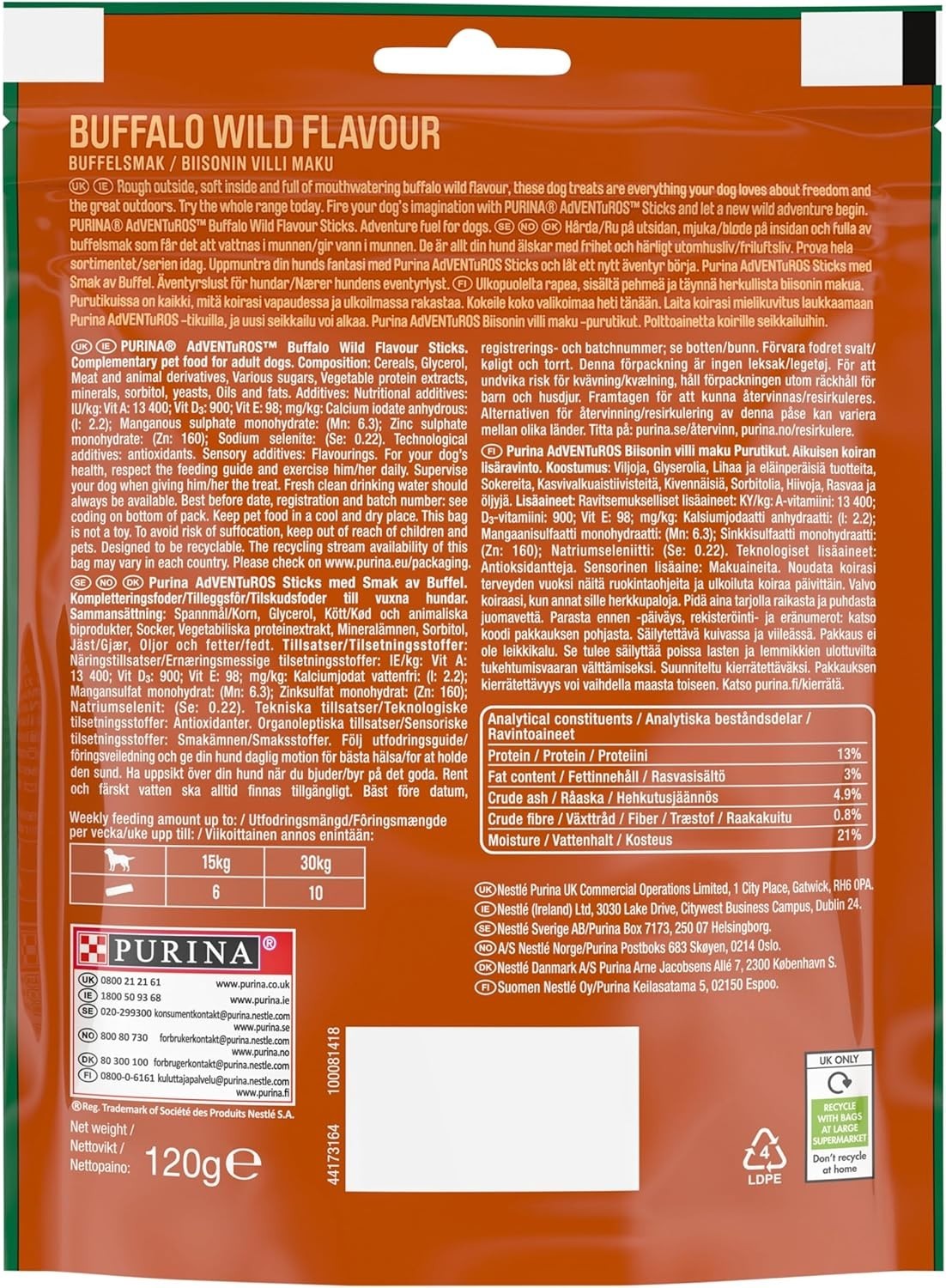 Adventuros Buffalo Dog Treats 120g Sticks Pack 6 Low Fat by Adventuros