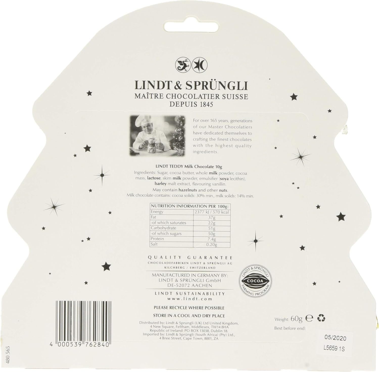 Lindt Bear Tree Decs 60g Pack of 5 | Chocolate Almond & Hazelnut Bars UK by Lindt