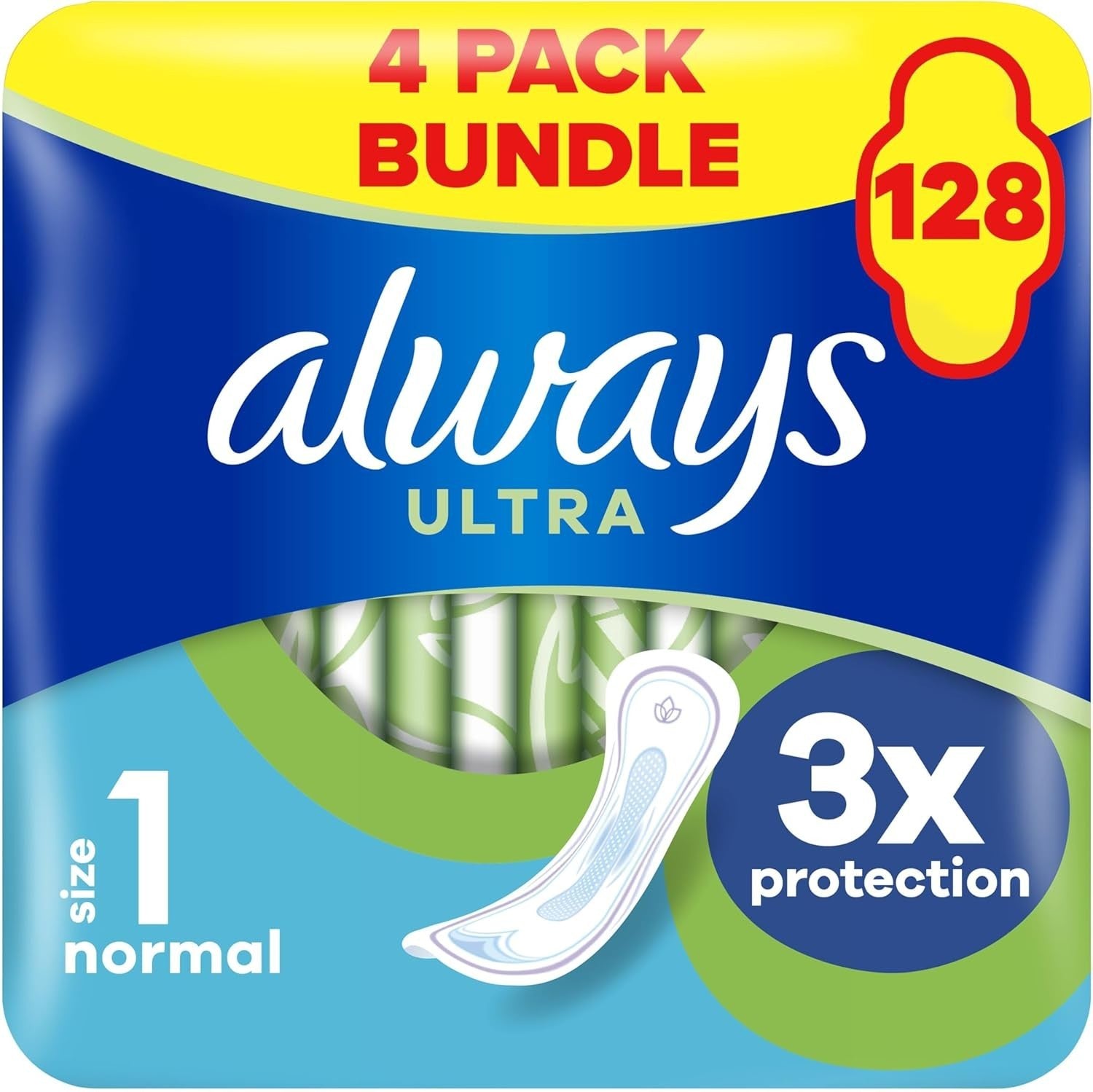 Always Ultra Sanitary Pads with Wings, Normal Size, 128 Super Absorbent Towels by Always