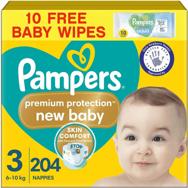Pampers Premium Protection Size 3 Nappies 204 + Harmonie Aqua Baby Wipes 10