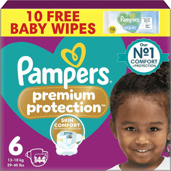 Pampers Premium Protection Size 6 Nappies 144 + Harmonie Aqua Baby Wipes 10pk