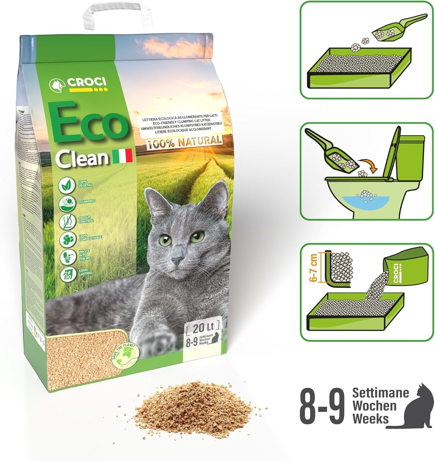 Croci Eco Clean Cat Litter 20L Biodegradable Clumping Litter Flushable Anti-Odor by Croci