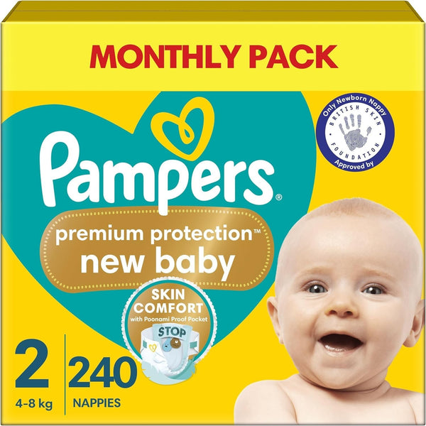 Pampers Premium Protection New Baby Size 2, 240 Nappies, 4-8kg, Monthly Pack