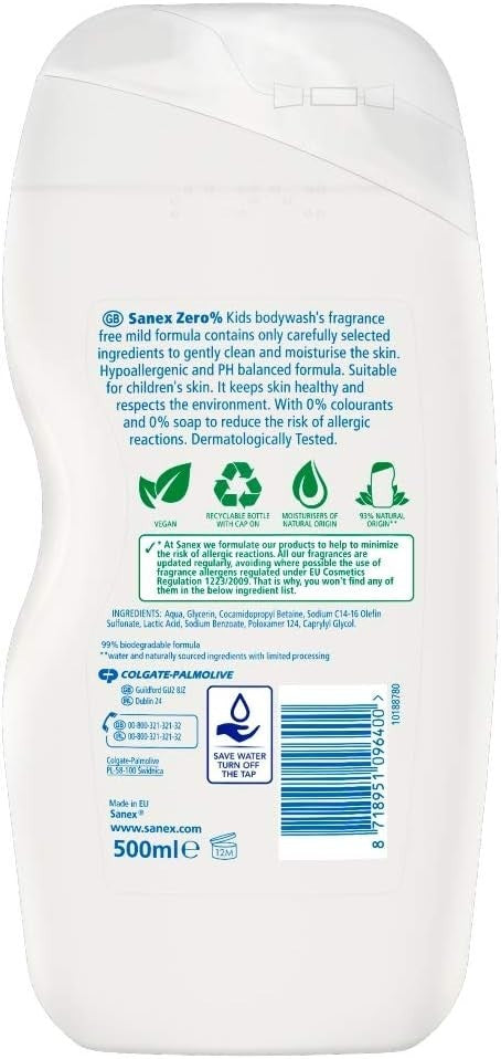 Sanex Zero% Kids Head to Toe Wash 500ml Hypoallergenic Fragrance Free Sensitive by Sanex