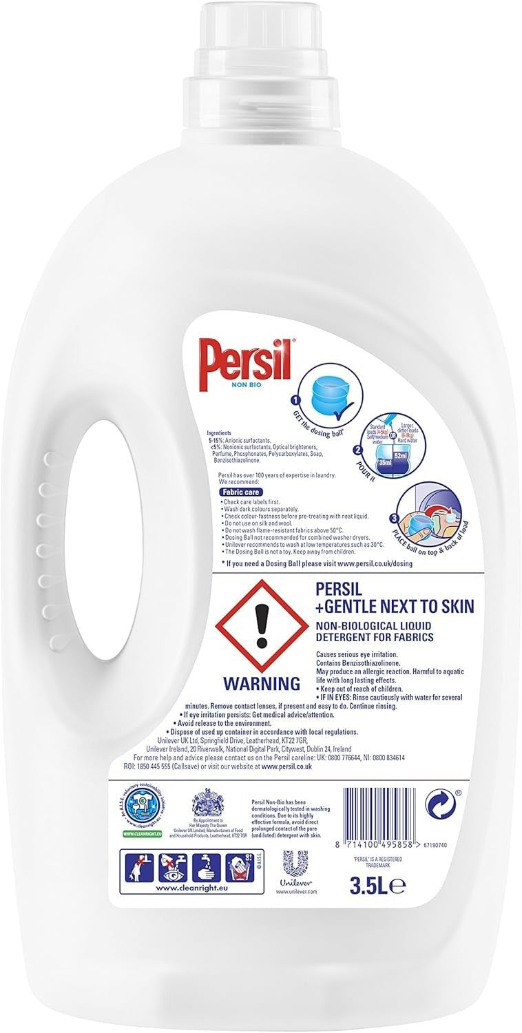 Persil Non Bio Colour Washing Liquid 3.5L Laundry Detergent 100 Washes by Persil