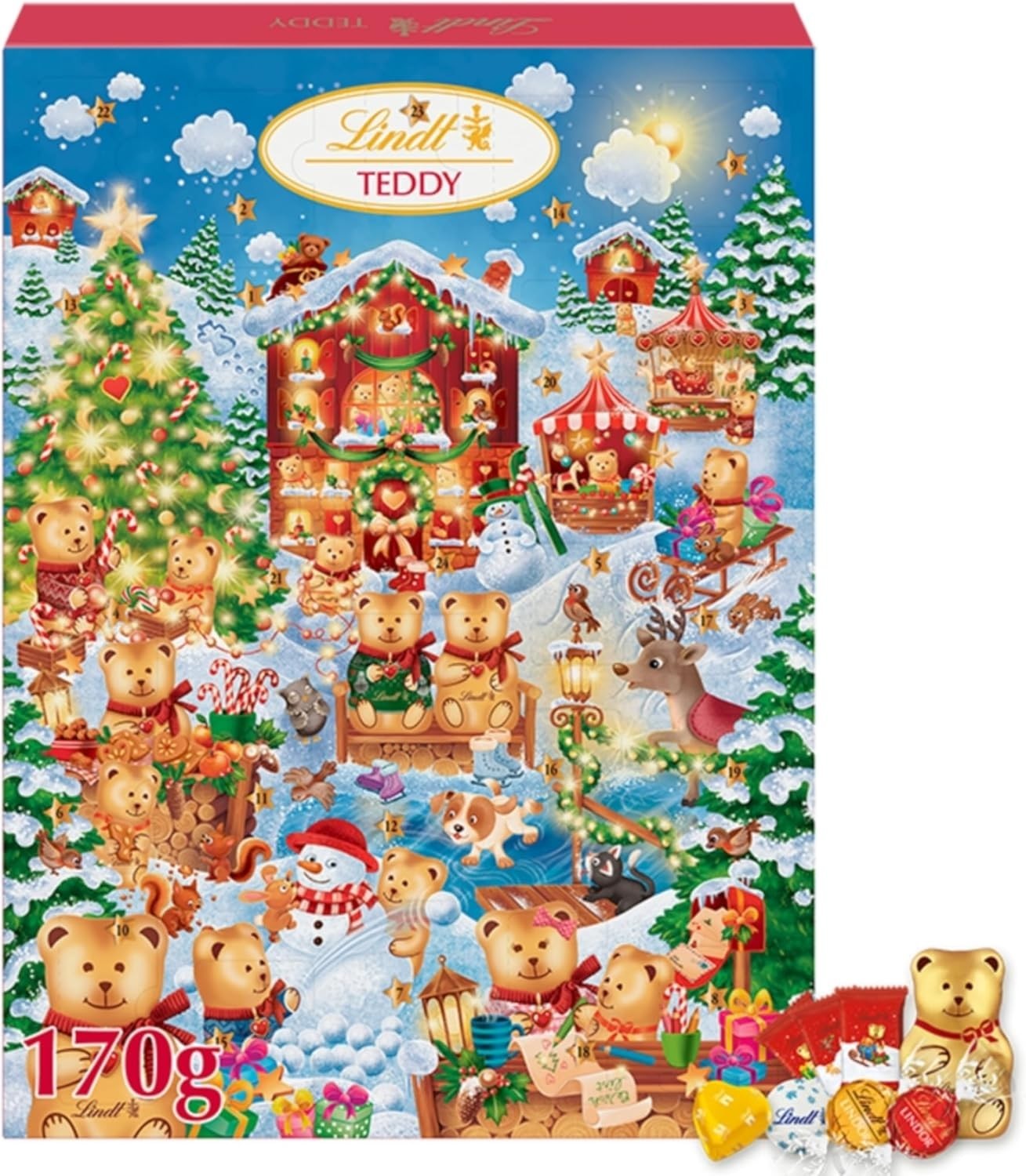 Lindt Lindor Teddy Advent Calendar 2024 170g | 24 Milk & White Xmas Chocolates by Lindt