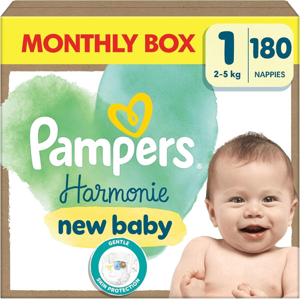 Pampers Harmonie Nappies Size 1, 180 Count | Gentle Skin Protection Baby Diapers