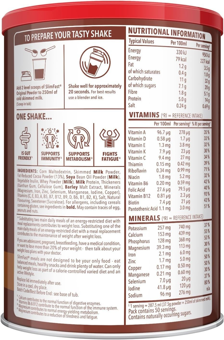 SlimFast Chocolate Meal Replacement Shake, 50 Servings, High Protein, 1.875kg by Slim Fast