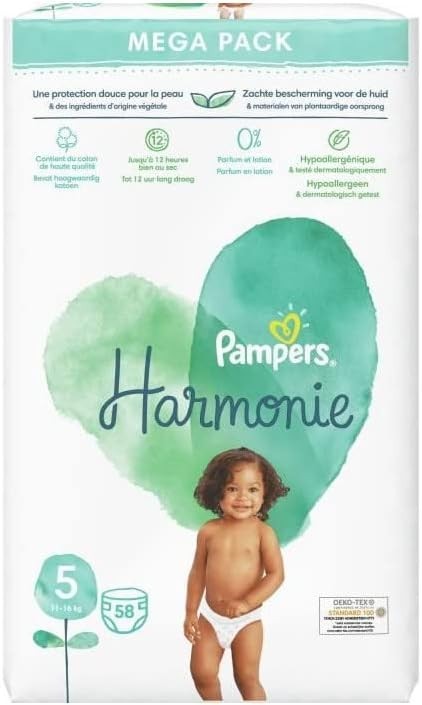 Pampers Harmony Size 5 Baby Nappies 58 Count | Soft Cotton, Alcohol-Free by Pampers