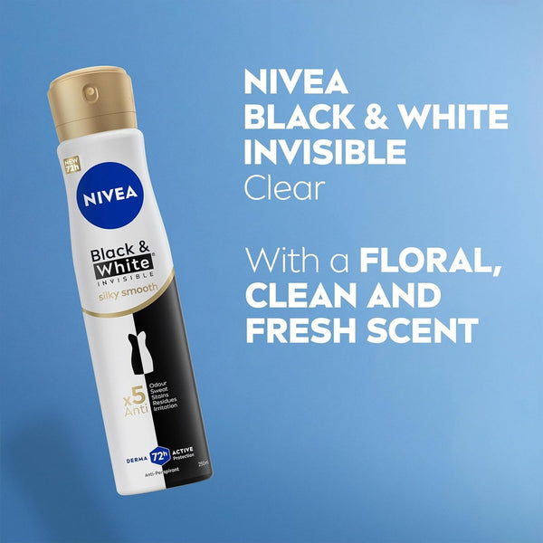 NIVEA Black & White Silky Smooth Deodorant Spray 250ml x6 Women 72H