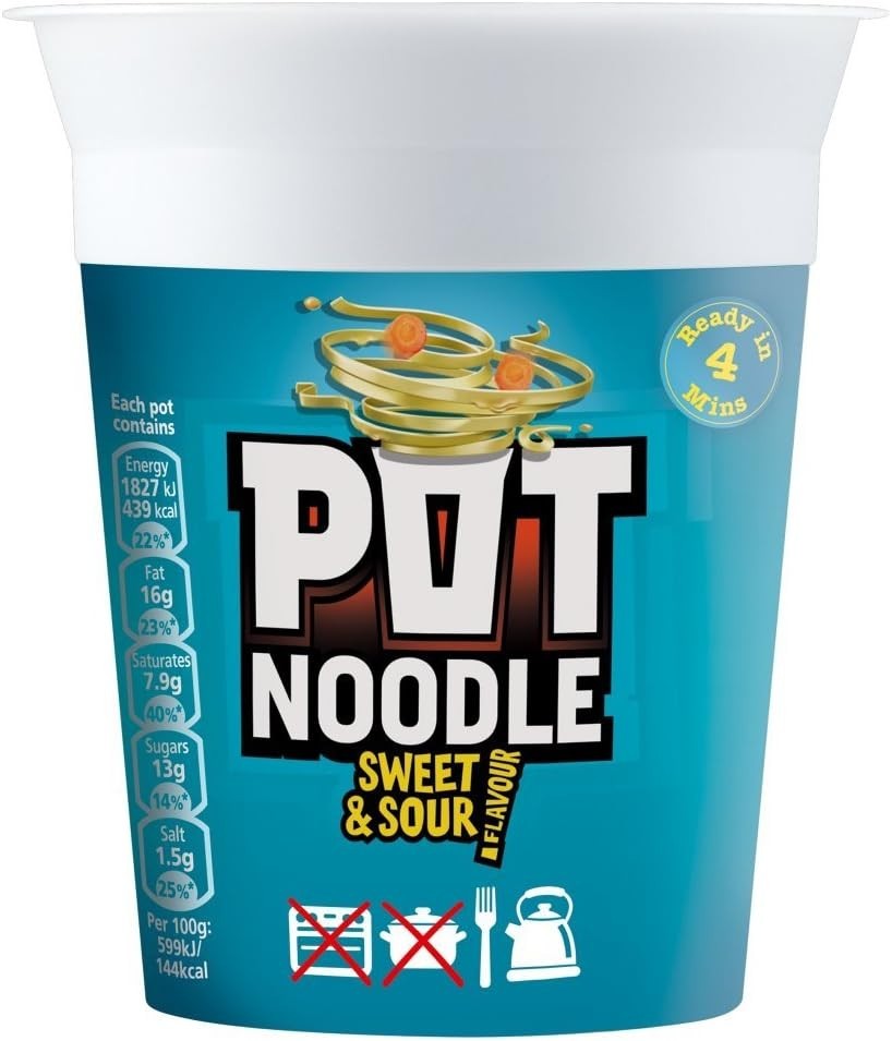 Pot Noodle Sweet & Sour Flavour Instant Ramen Noodles 90g Pot ×12 Pack Vegetaria by Pot Noodle