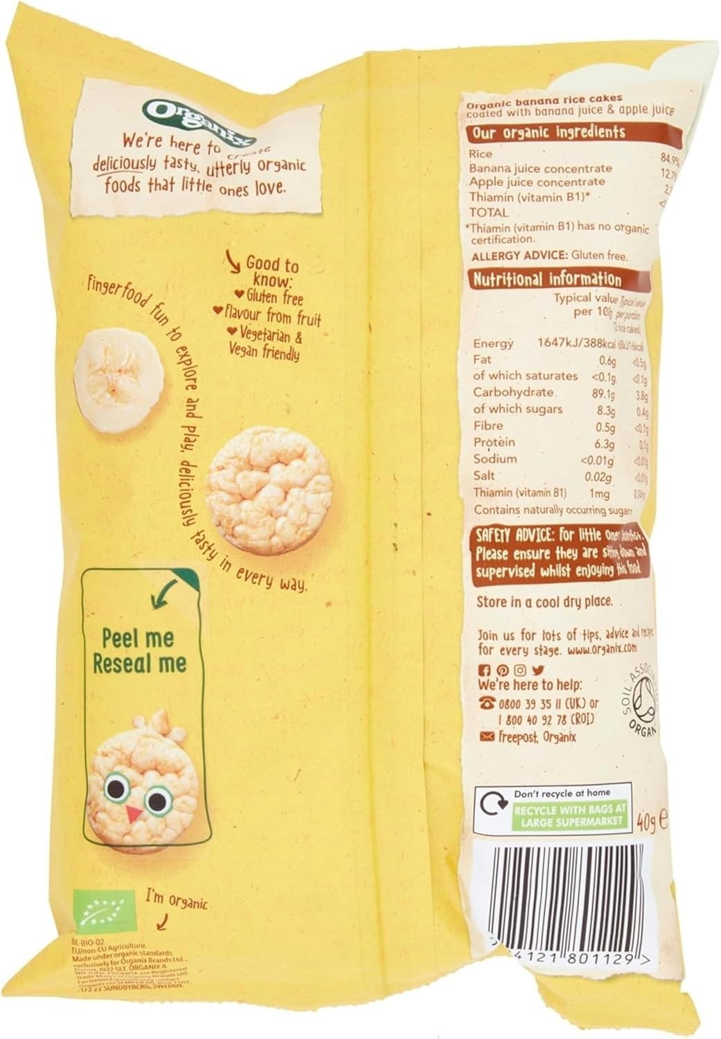 Organix Banana Rice Cake Clouds 40g 7+ Months Baby Finger Food (Pack of 6) by Organix