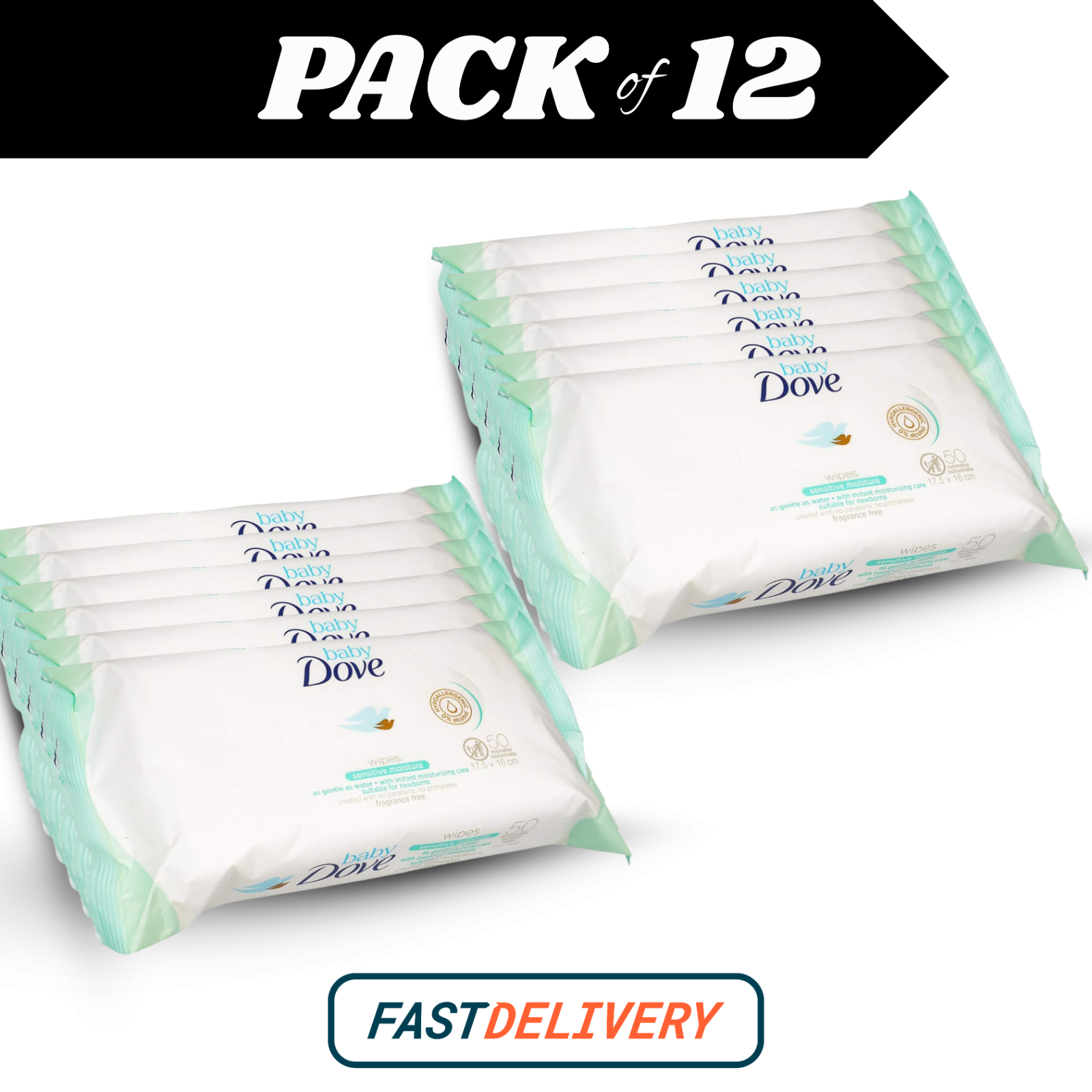 12x Dove Baby Wipes Sensitive Moisture 50 Count | Hypoallergenic Fragrance Free by Dove