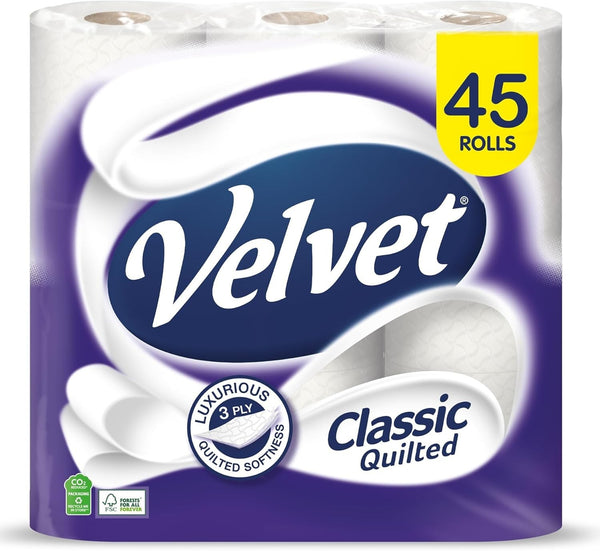 Velvet Quilted Toilet Roll – 3-Ply Soft Tissue Paper | Bulk 45 Rolls Pack