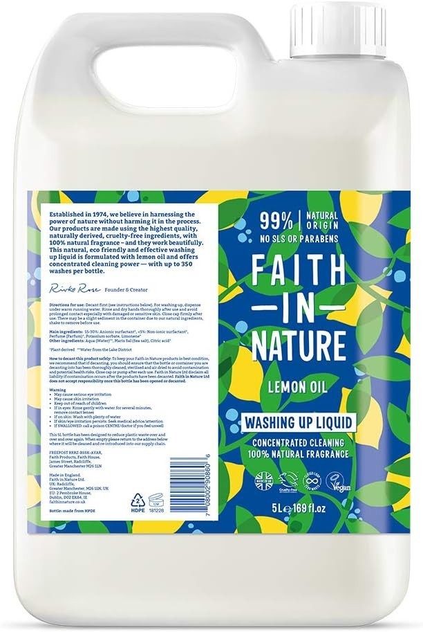 Faith in Nature Washing Up Liquid Lemon 5L | Biodegradable Vegan Refill Pack by Faith in Nature