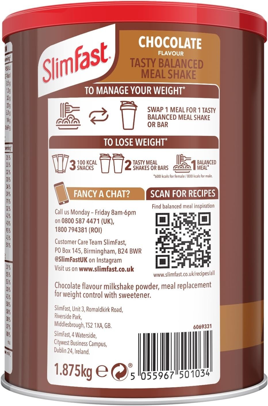 SlimFast Chocolate Meal Replacement Shake, 50 Servings, High Protein, 1.875kg by Slim Fast