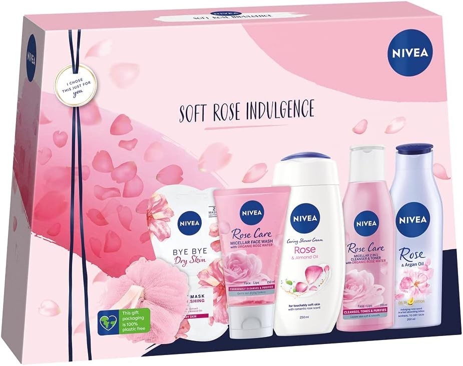 NIVEA Soft Rose Indulgence Gift Set | 7 Pc Women’s Skincare Pampering Rose Pack by NIVEA