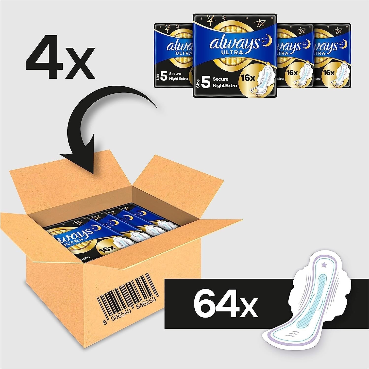 Always Ultra Size 5 Sanitary Towels Night Pads with Wings, 64 Count, Heavy Flow by Always