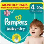 Pampers Baby-Dry Size 4 Nappies 204 Pack | 9-14kg | Stop & Protect Pocket by Pampers